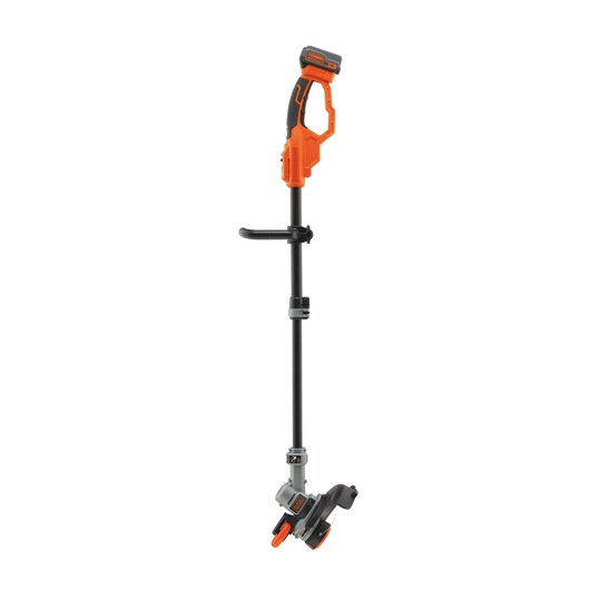 A BLACK+DECKER cordless grass trimmer with an orange and black handle, adjustable shaft, and cutting head at the bottom. The trimmer is upright against a white background.