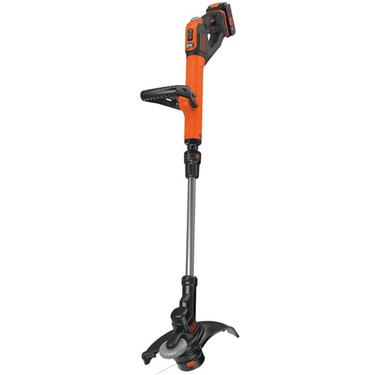A BLACK+DECKER cordless grass trimmer with an orange and black design, featuring an adjustable handle and long shaft.