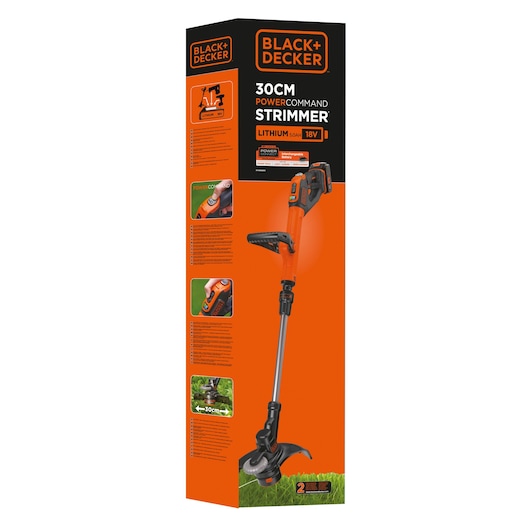 BLACK+DECKER STC1850EPC 30cm 18V lithium cordless strimmer packaging, upright front angle.