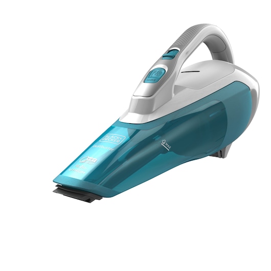 A BLACK+DECKER handheld cordless wet and dry vacuum cleaner with a blue and white design, featuring an ergonomic handle and a transparent dust container.