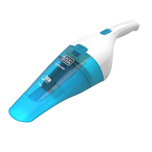 A BLACK+DECKER handheld cordless vacuum cleaner with a white and blue design, suitable for wet and dry cleaning. The product is compact with a visible dust container, model WDC115WA.