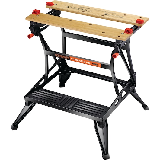 A BLACK+DECKER Workmate 626 portable workbench with a sturdy black metal frame, two wooden clamp surfaces, and red adjustment knobs.